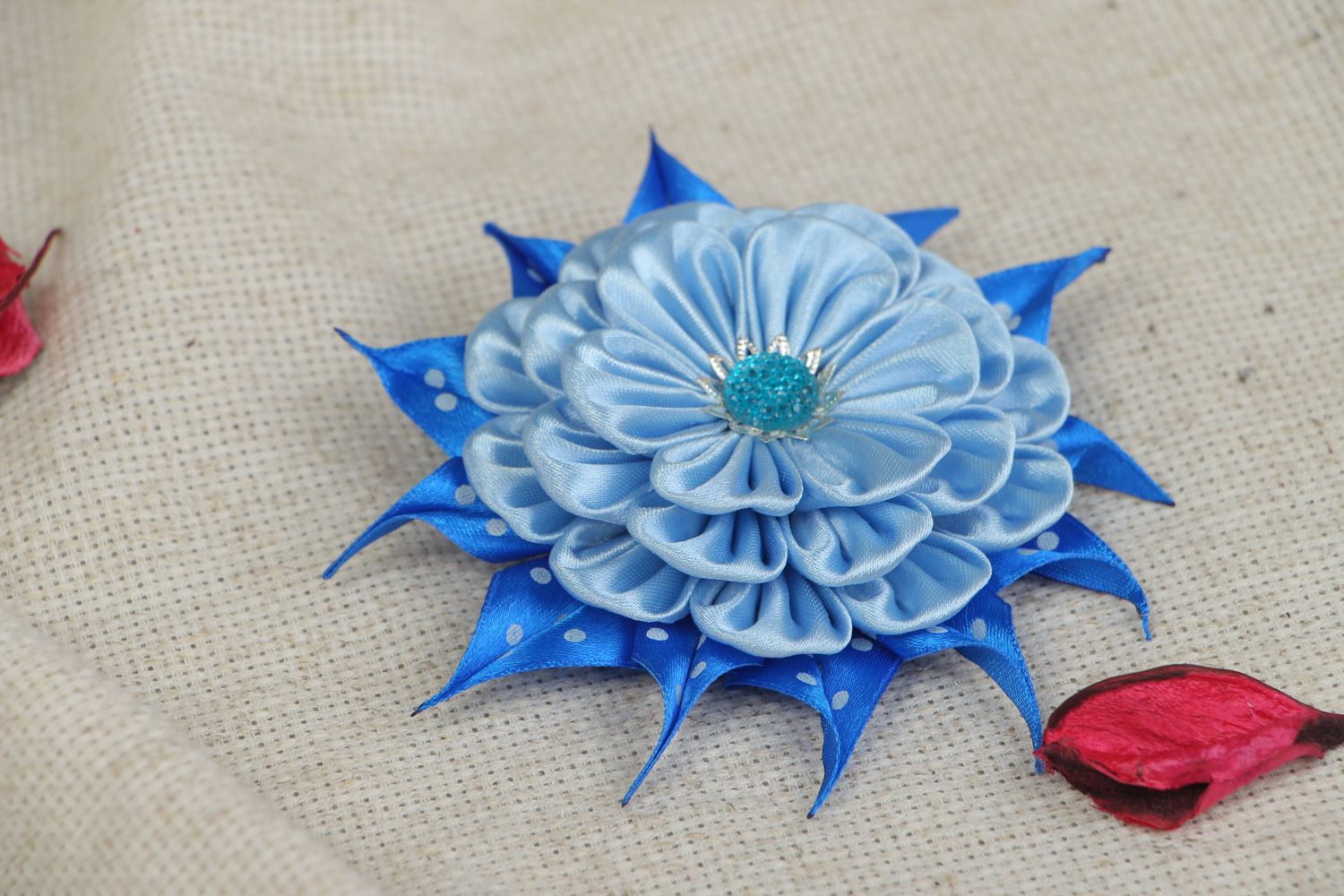 Handmade round hair clip with kanzashi satin ribbon blue flower with rhinestones photo 5