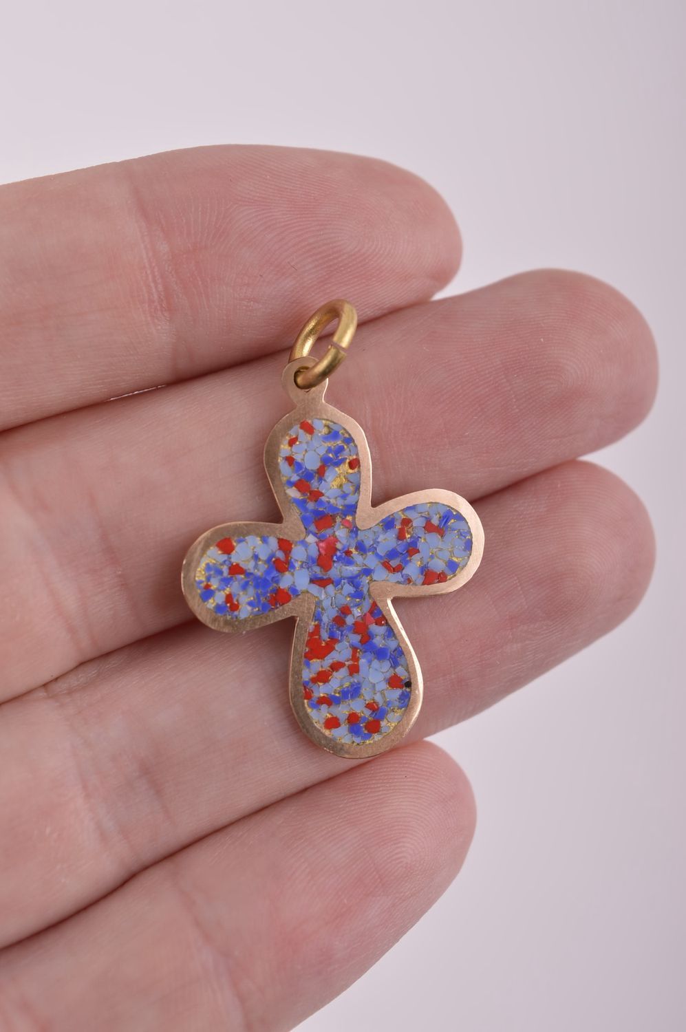 Крестик с камнями handmade подвеска на шею украшение из латуни и самоцветов фото 5