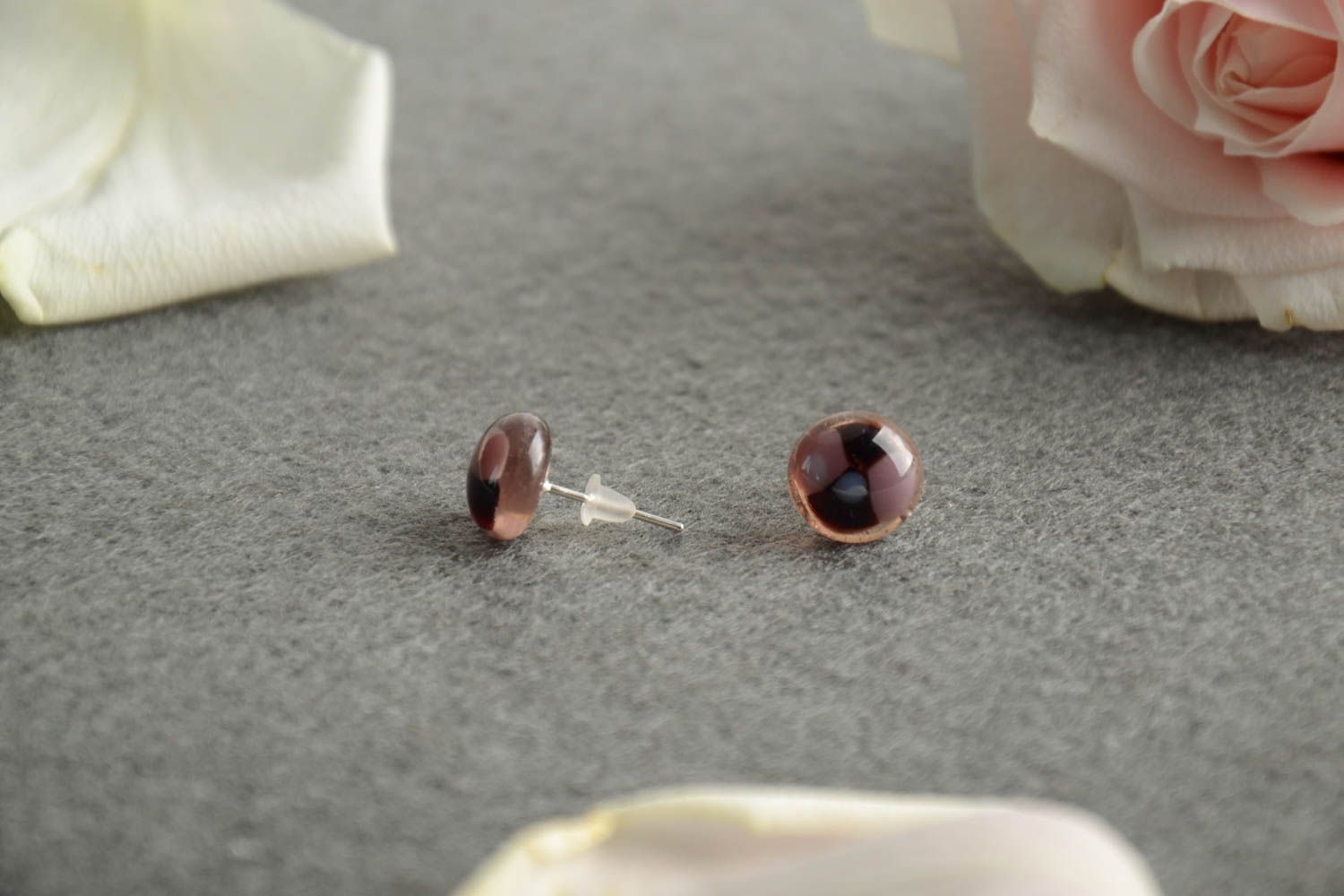 Round-shaped earrings small stylish brown unusual handmade summer accessory photo 1