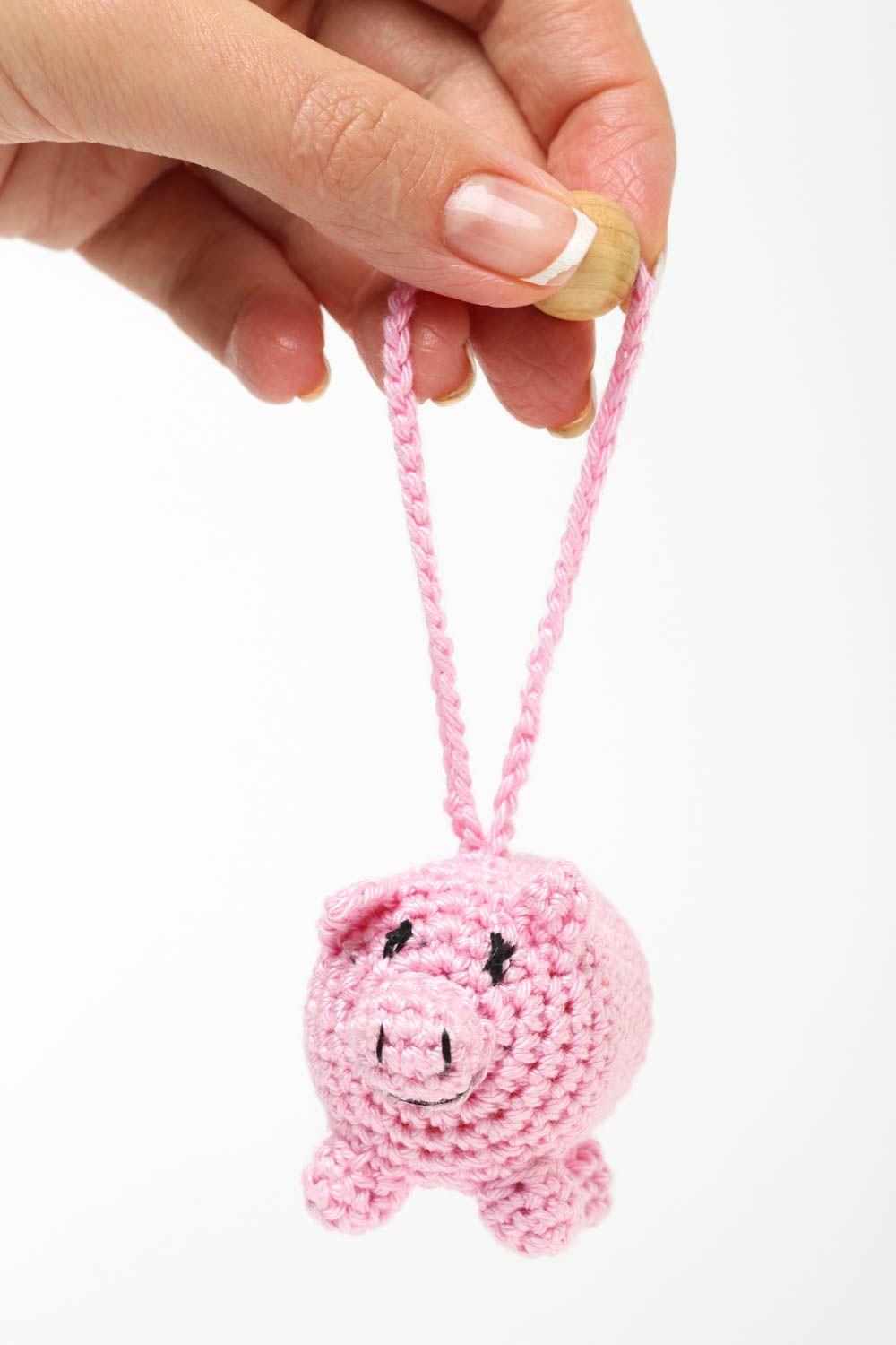 Hochet bébé Jouet éveil fait main cochon tricoté rose coton Cadeau enfant photo 5