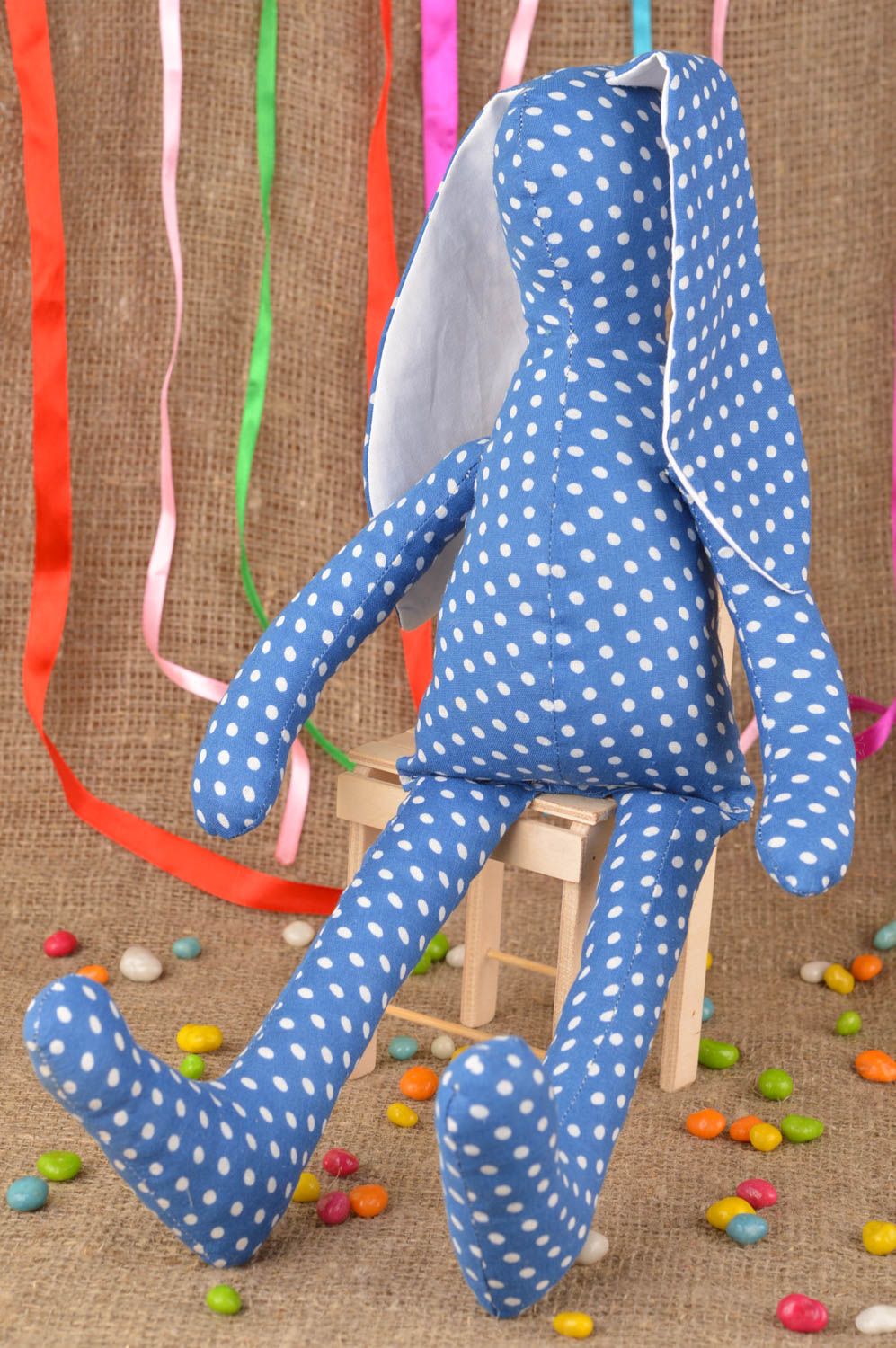 Peluche lièvre bleu à pois en coton naturel faite main décorative pour enfants photo 1