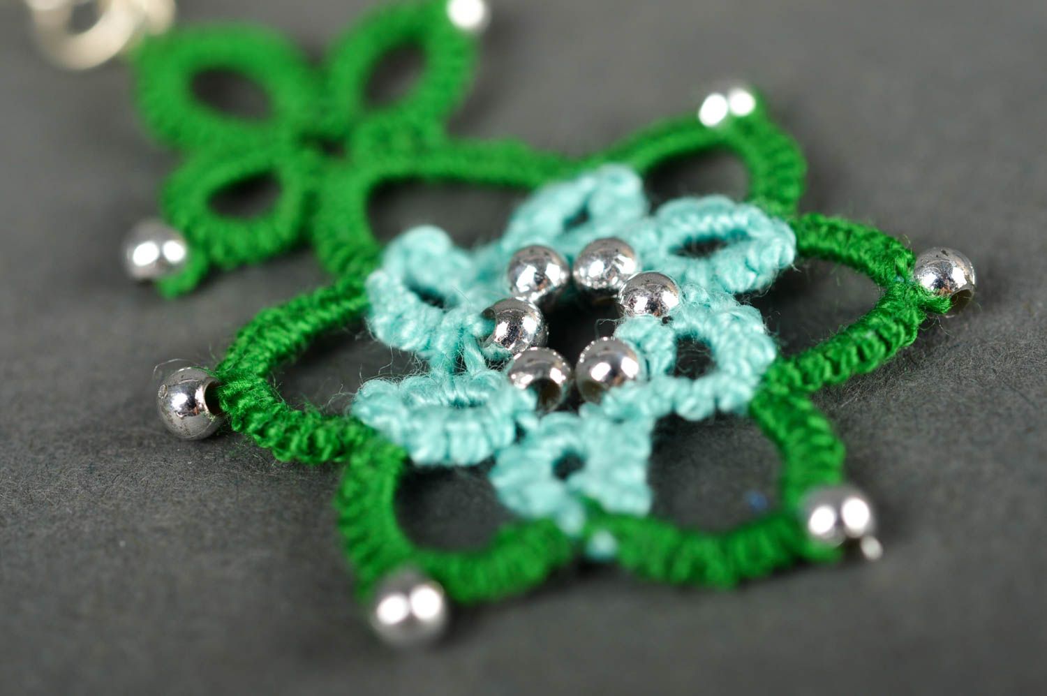 Handmade openwork earrings green elegant earrings cute tatting jewelry photo 4