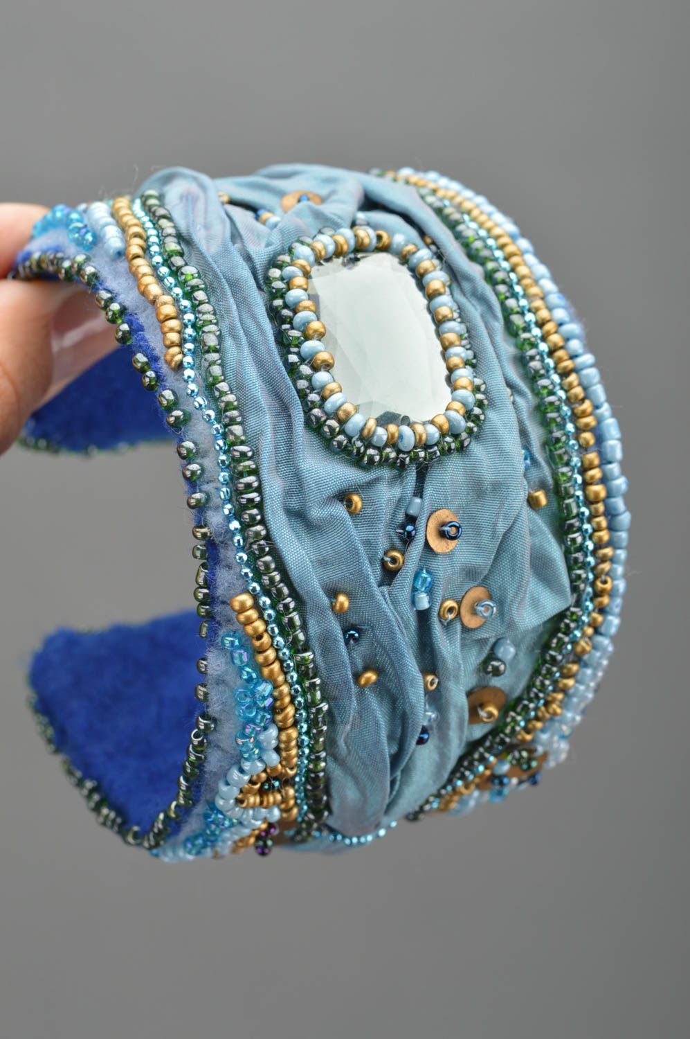 Handmade fabric massive bracelet in blue color decorated with beads photo 2