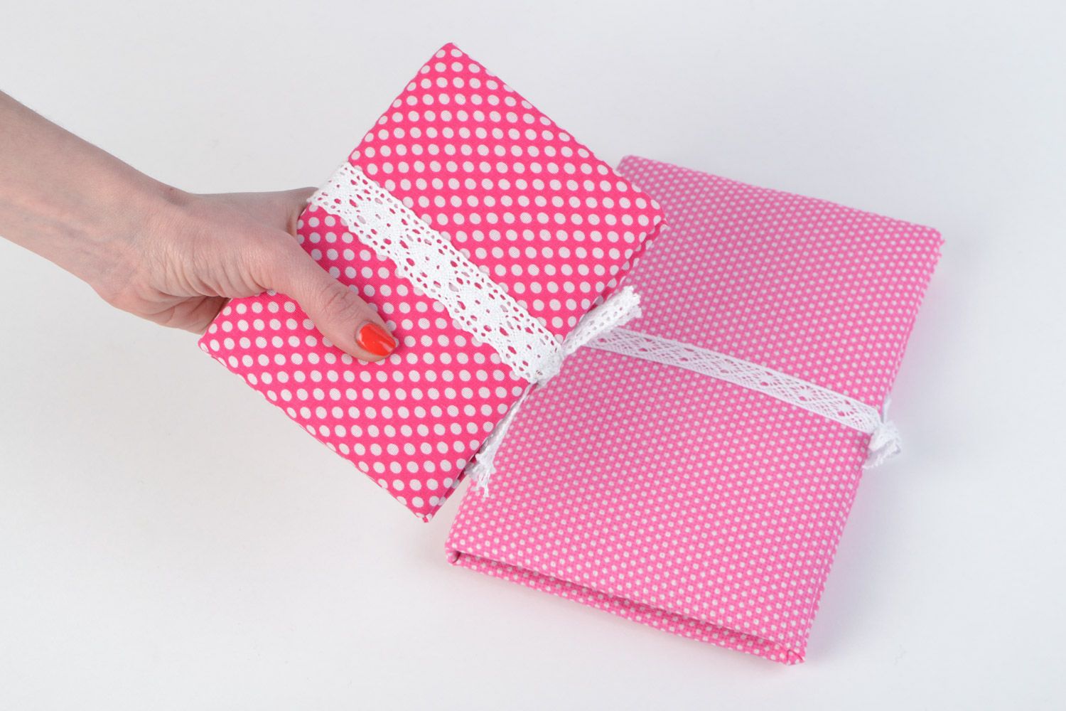 Ensemble de carnets avec couverture en tissu rose à pois faits main 2 pièces photo 2
