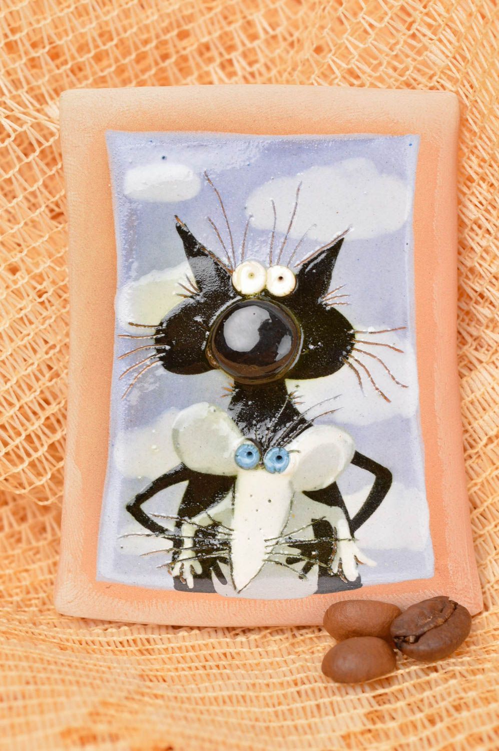 Магнит на холодильник хэнд мэйд декор для дома необычный подарок Кот и мышь фото 1
