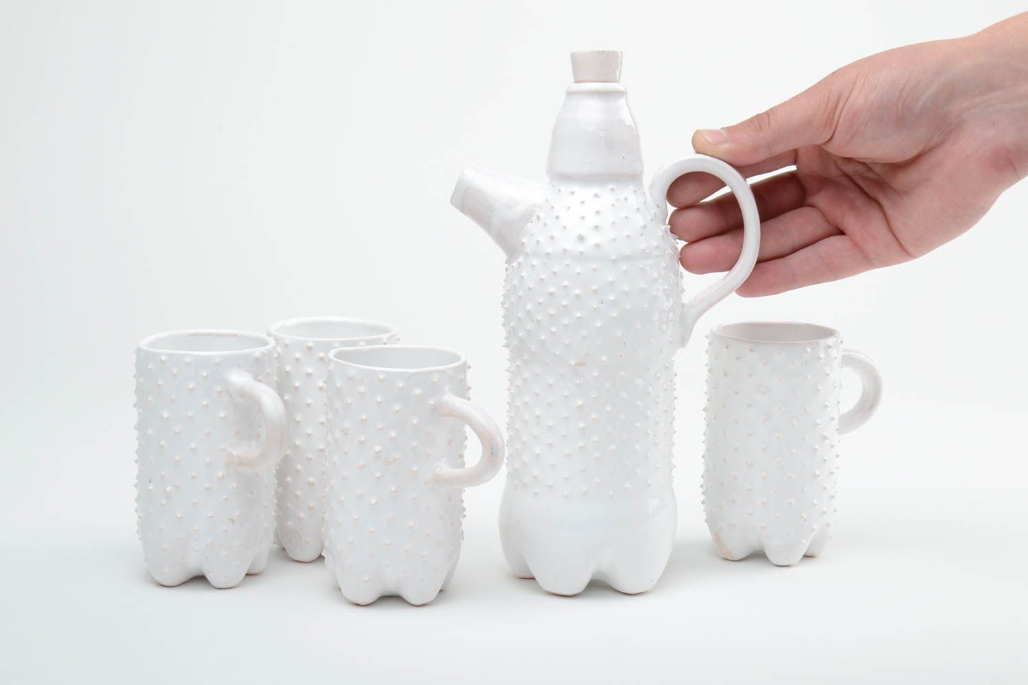 Четыре чашки для чая и кофе с кофейником комплект белого цвета глина хэнд мейд фото 5