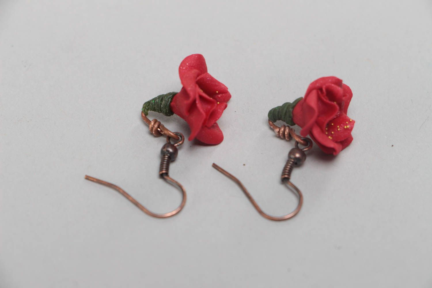 Long earrings made of polymer clay with red poppies flowers handmade accessory photo 4