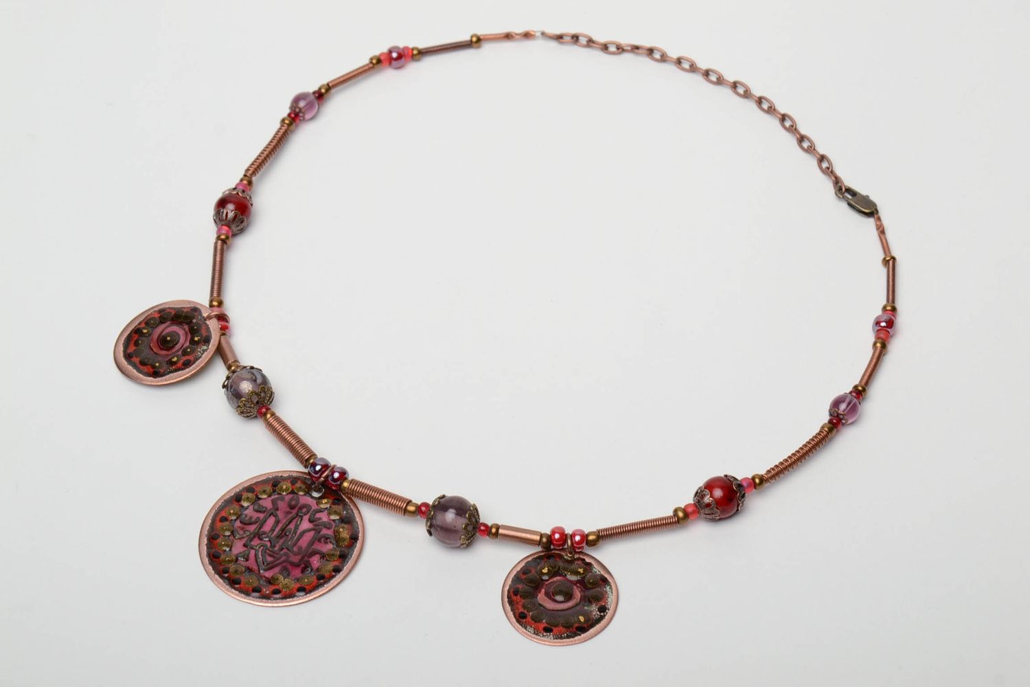 Unusual copper necklace with colorful enamel painting photo 3