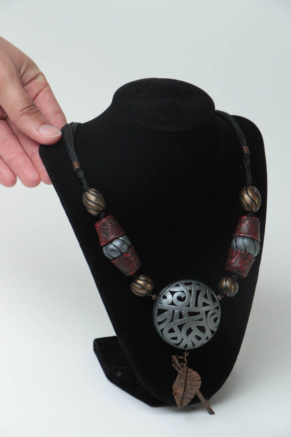 Unusual women's handmade polymer clay necklace on cord beautiful designer photo 5