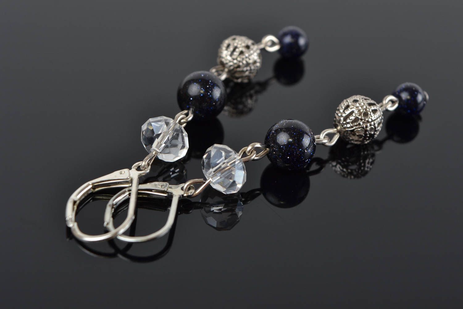 Handmade long dangling designer earrings with aventurine and crystal Black Berry photo 1