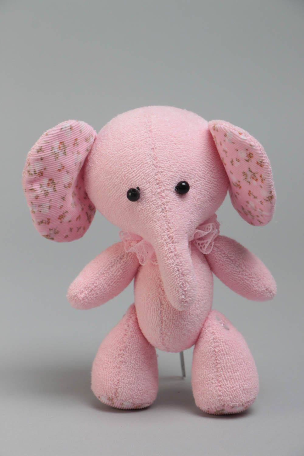 Handmade small mohair and jersey fabric soft toy pink elephant for children photo 2