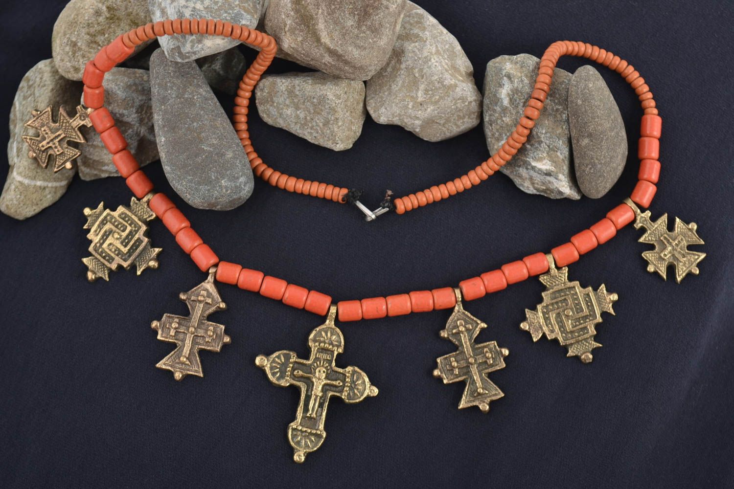 Unusual beautiful handmade designer coral bead necklace with crosses photo 5