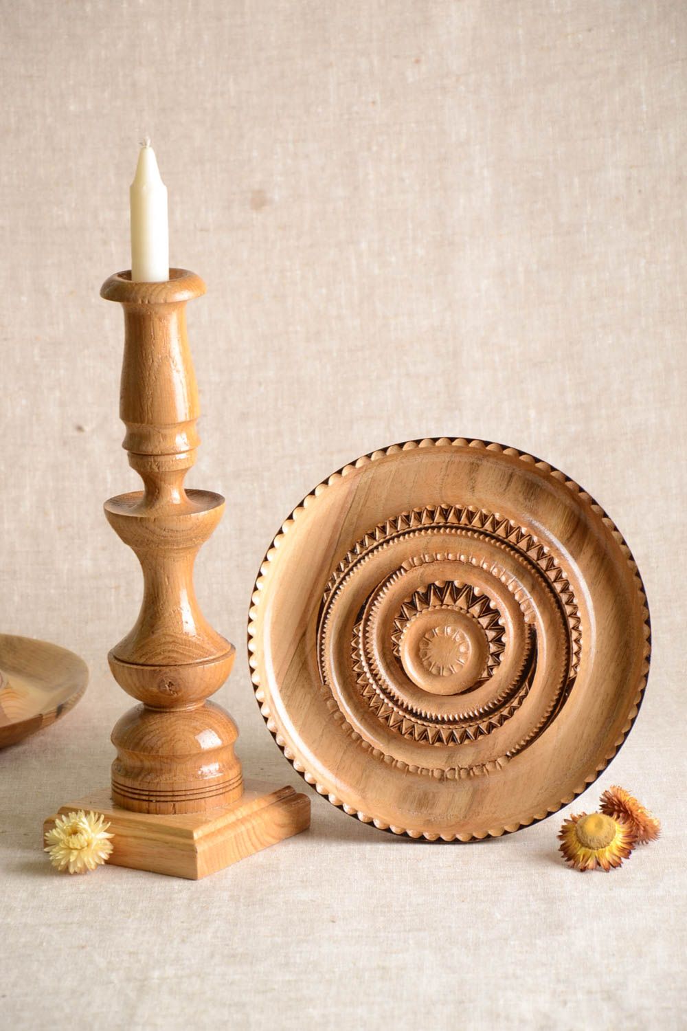 Home decoration 2 pieces handmade wooden candlestick wall plate design gift idea photo 1