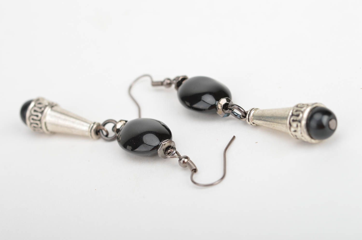 Handmade beautiful stylish long metal earrings with black beads photo 2