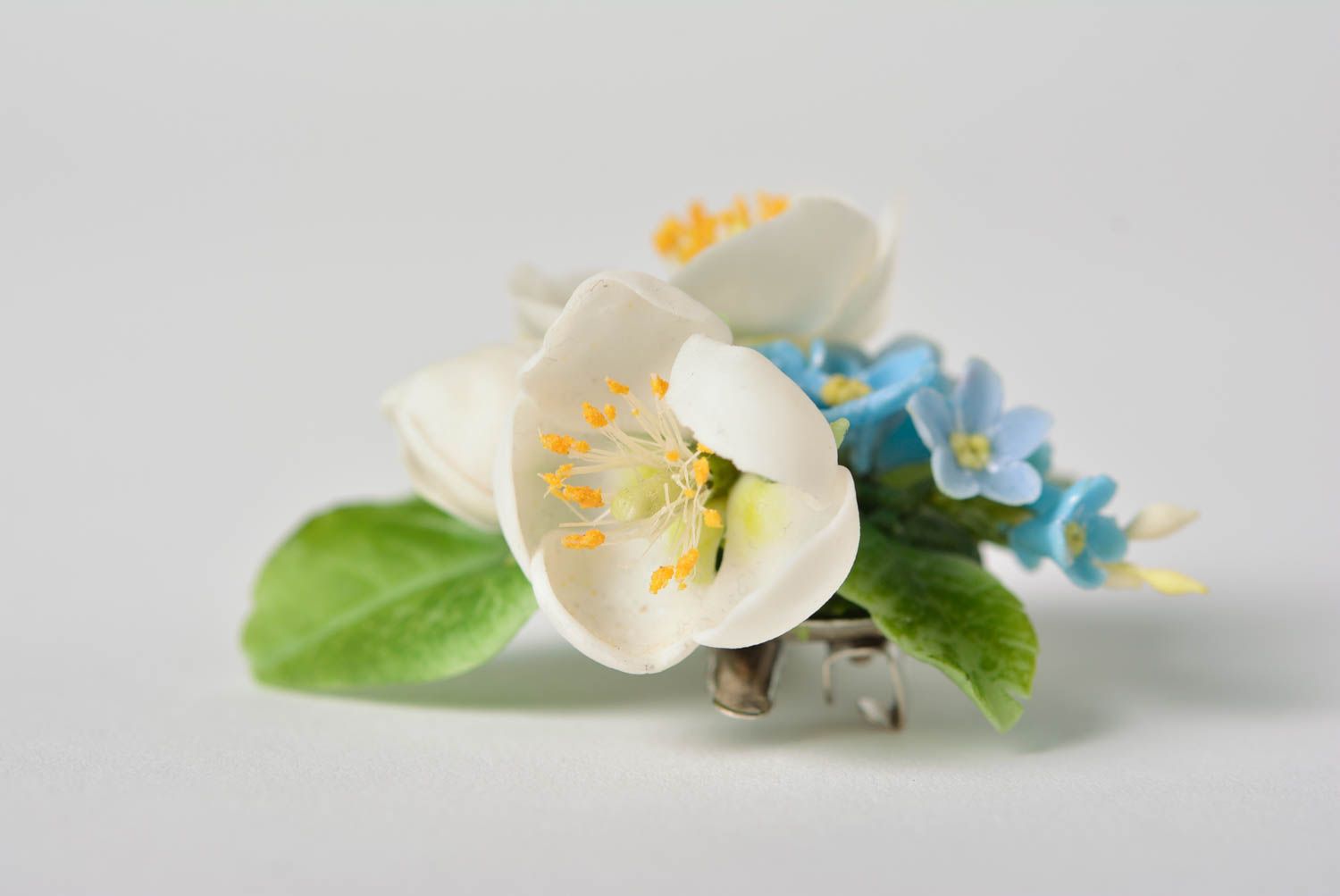Handmade designer brooch with tender polymer clay white and blue flowers photo 2
