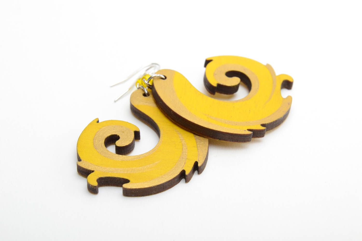 Handmade designer bright painted plywood dangling earrings in yellow color shade photo 5