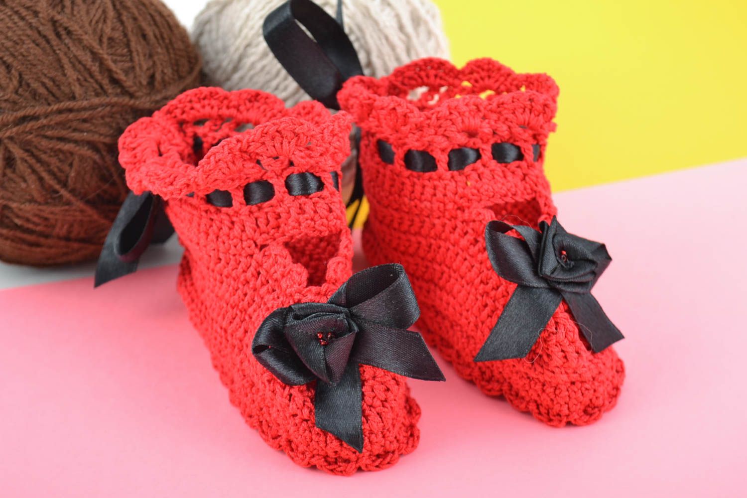 Red and black handmade designer baby booties crocheted of cotton threads photo 1