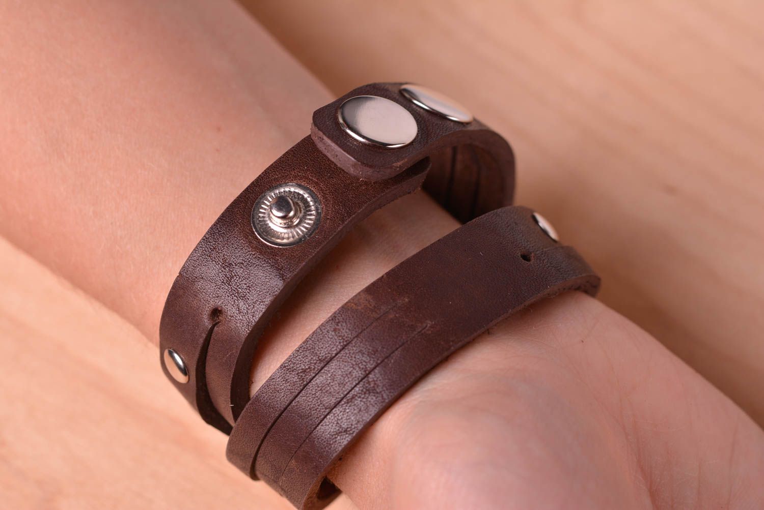 Handmade brown leather bracelet unusual wrist accessory casual style bracelet photo 5