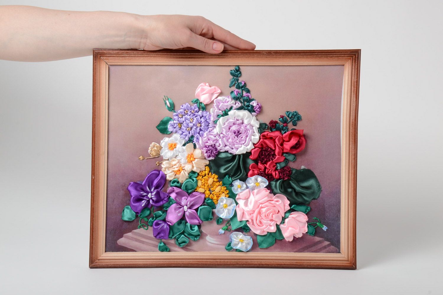 Handmade satin ribbon embroidery with flowers still life in a wooden frame photo 5