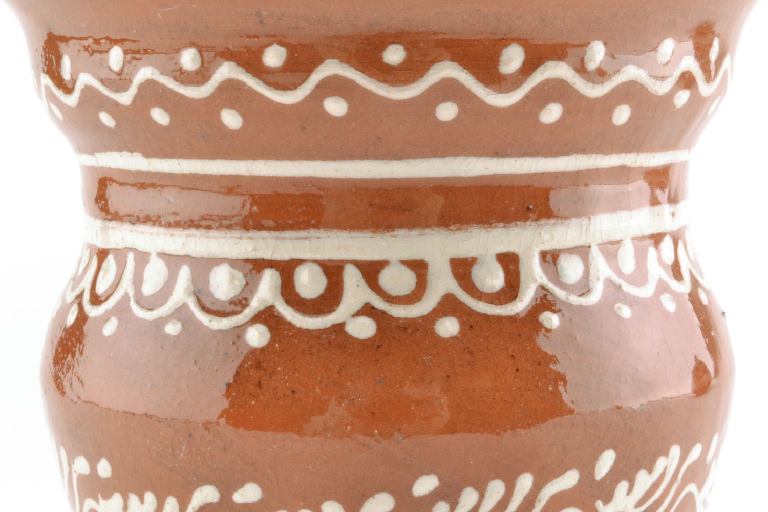 Decorative clay glazed drinking cup in pitcher shape with handle and white ethnic pattern photo 2