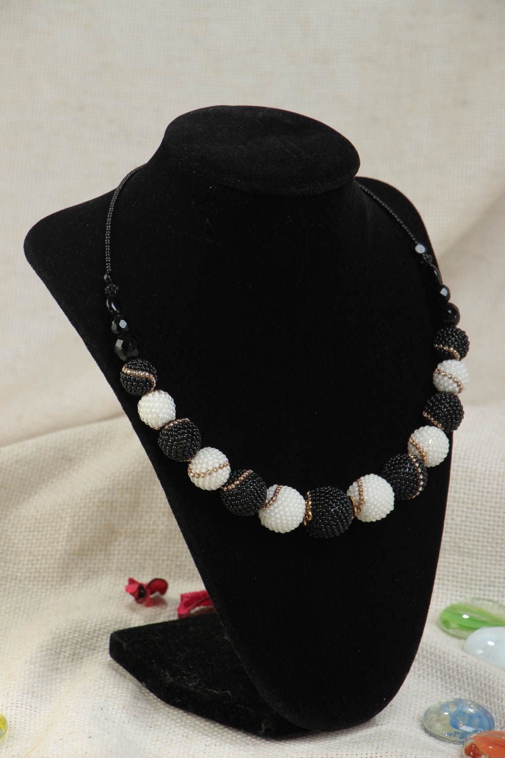Unusual stylish handmade woven black and white bead necklace photo 1