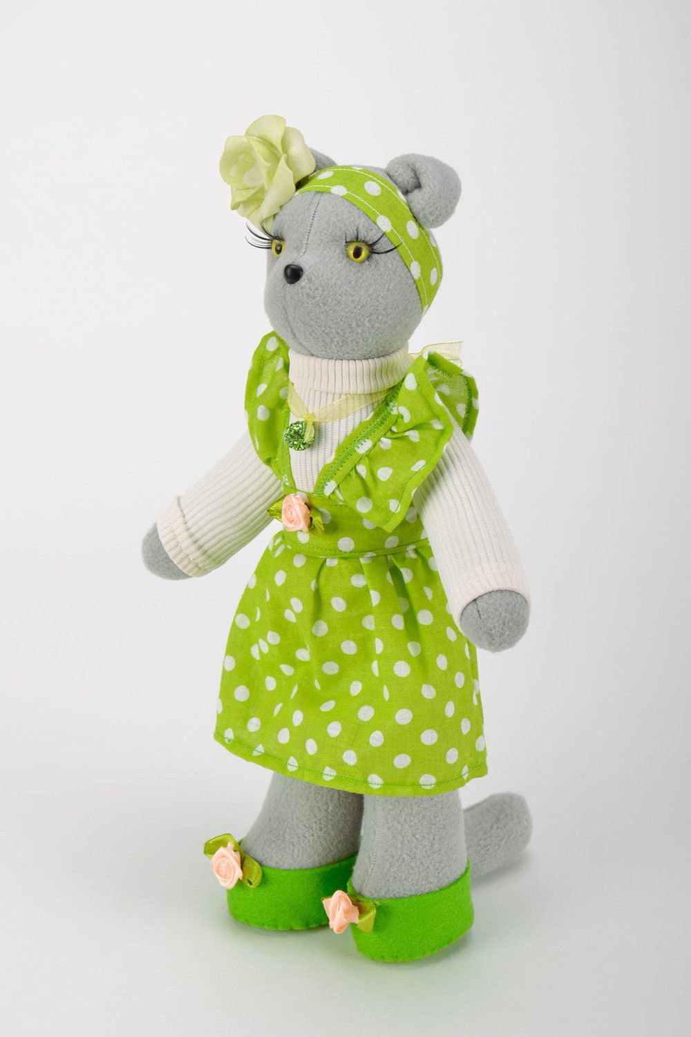 Soft toy Cat in a lime sundress photo 2