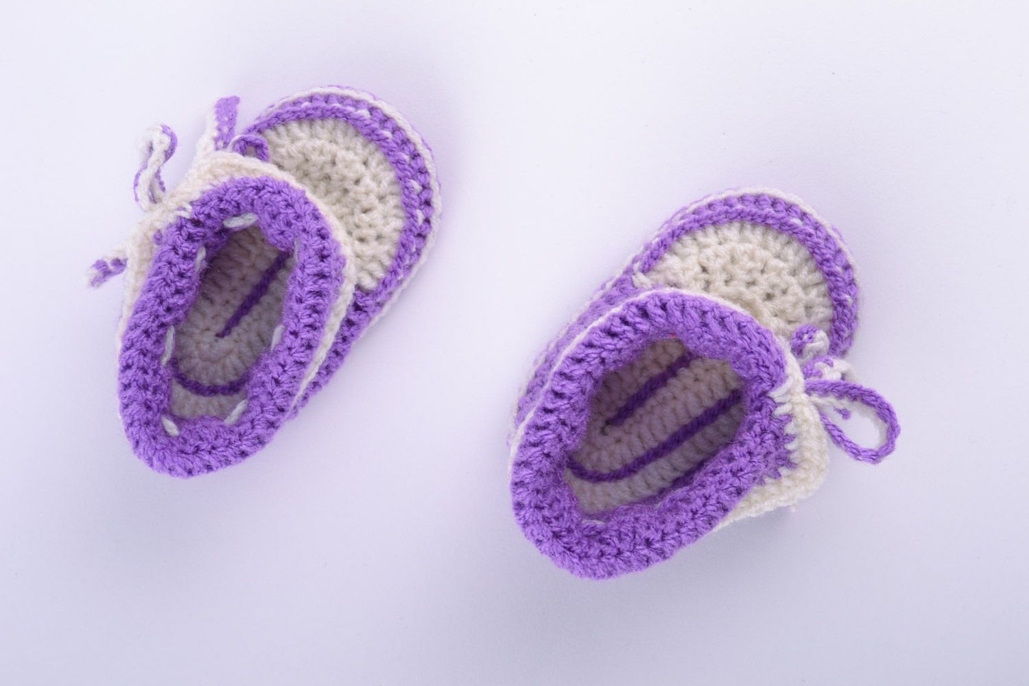 Violet and white handmade baby booties crocheted of wool and cotton for girl photo 4