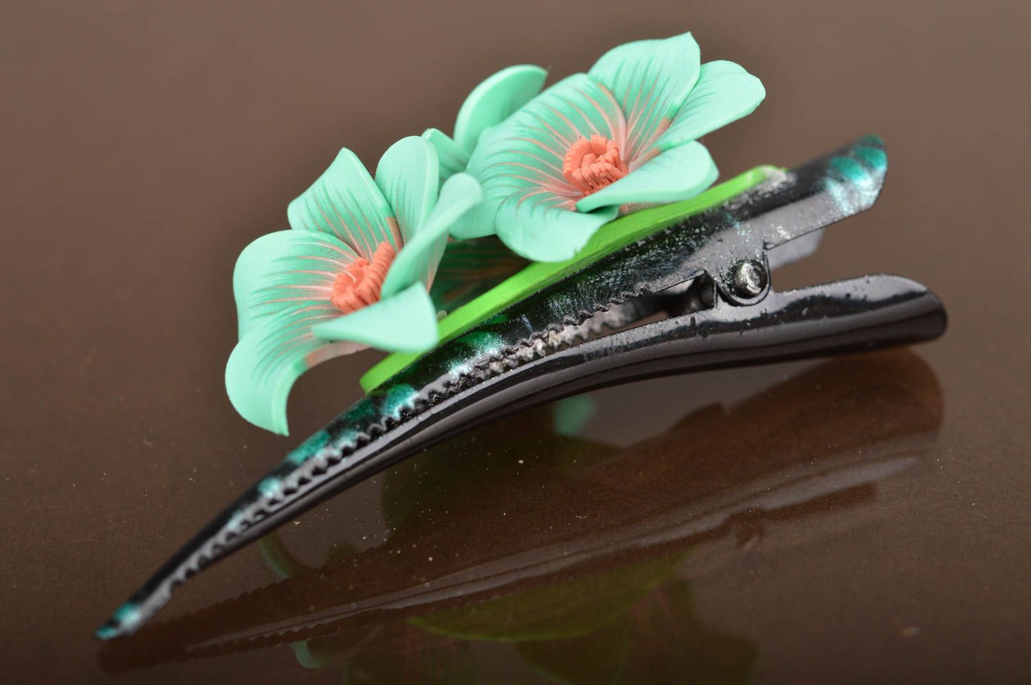 Handmade designer hair clip made of polymer clay with flower on metal clip photo 5