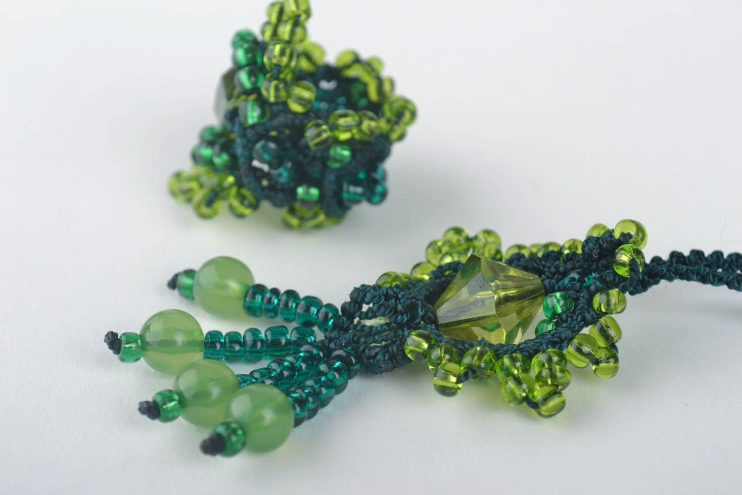 Handmade textile jewelry set woven pendant woven ring beadwork ideas photo 2
