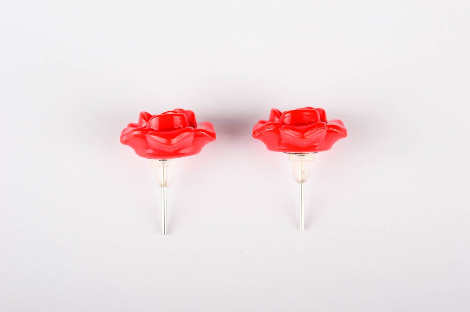 Handmade red bright earrings unusual summer jewelry plastic stud earrings photo 3