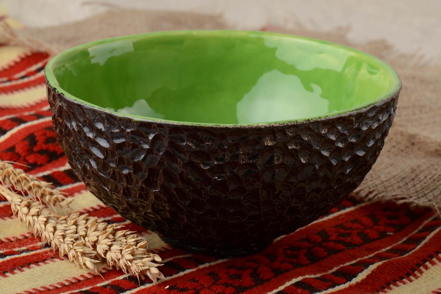 Escudilla cerámica honda artesanal marrón verde de 1100 ml foto 1