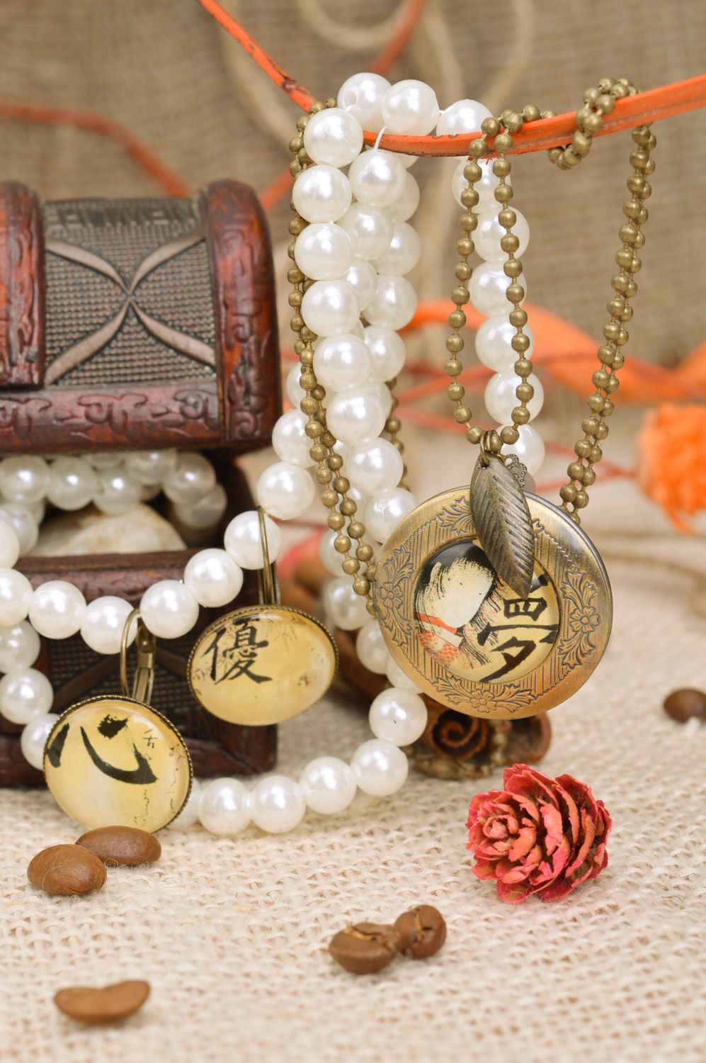 Set of handmade metal jewelry in Japanese style locket and dangle earrings photo 1
