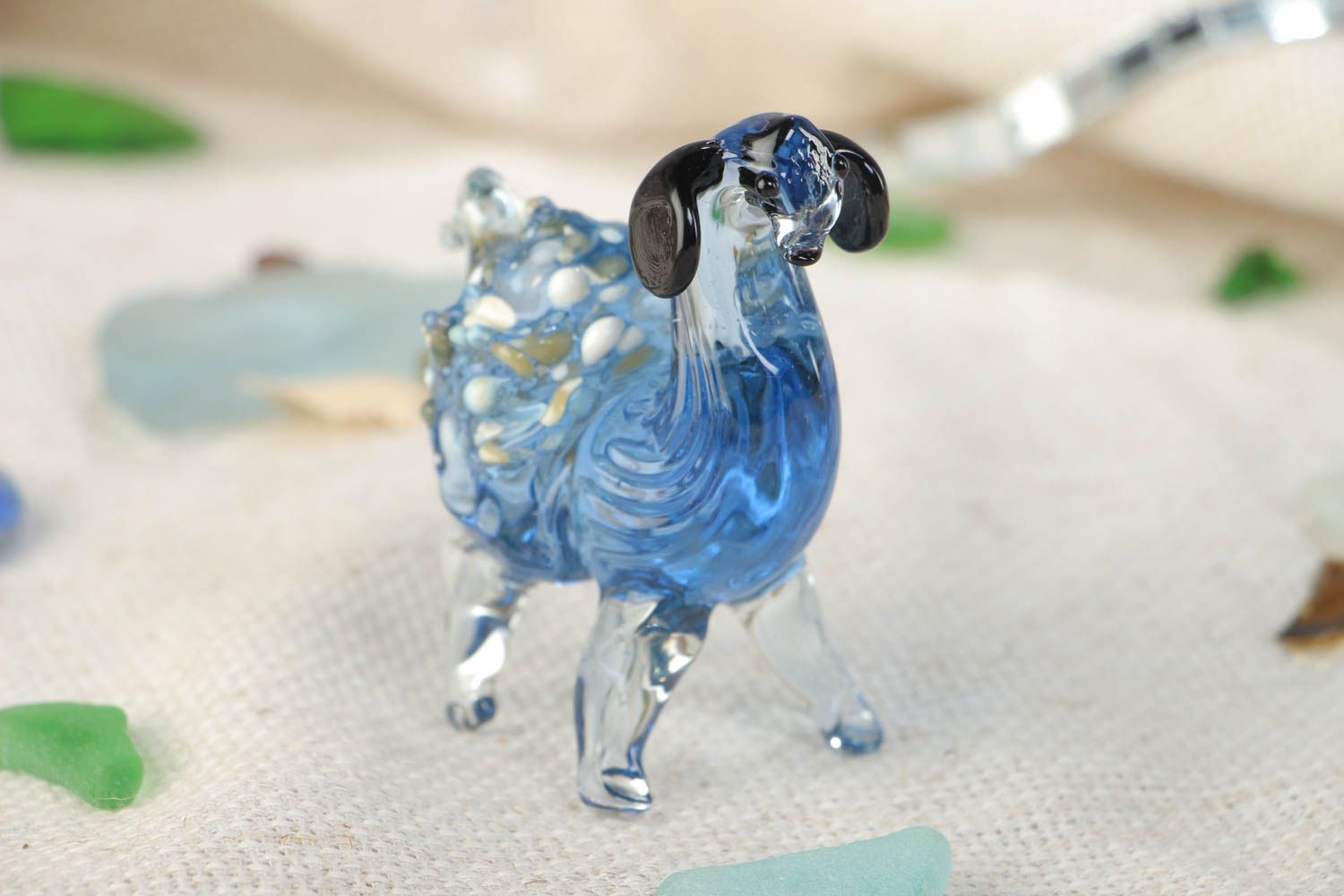 Handmade collectible lampwork glass miniature animal figurine of blue lamb photo 1