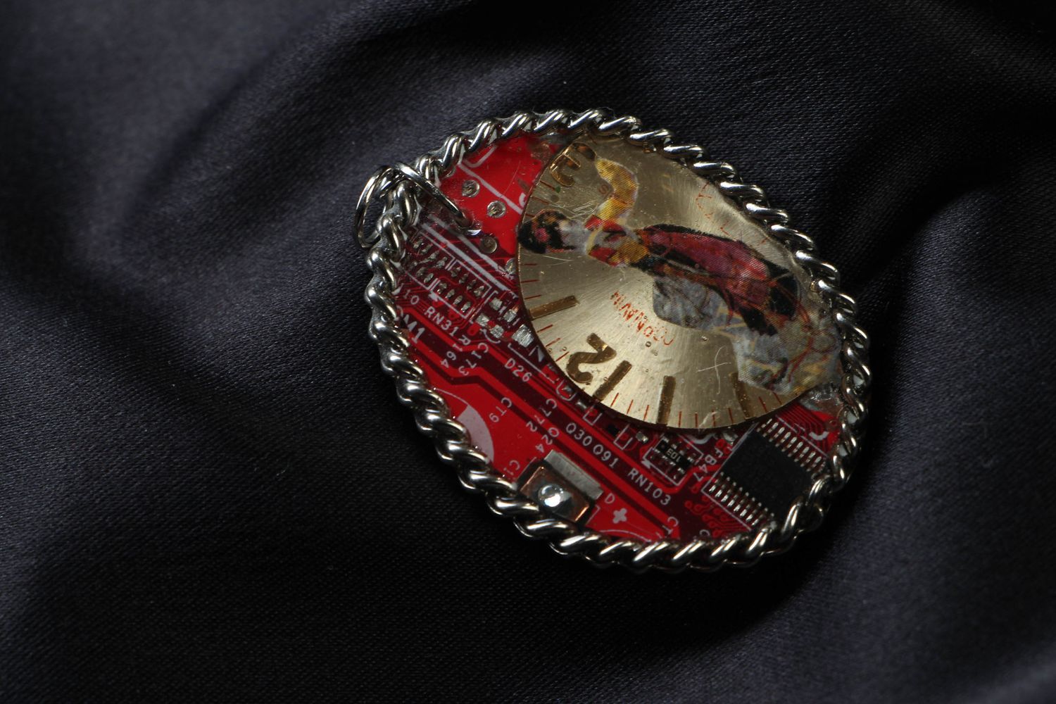 Red cyberpunk pendant with microchips photo 1