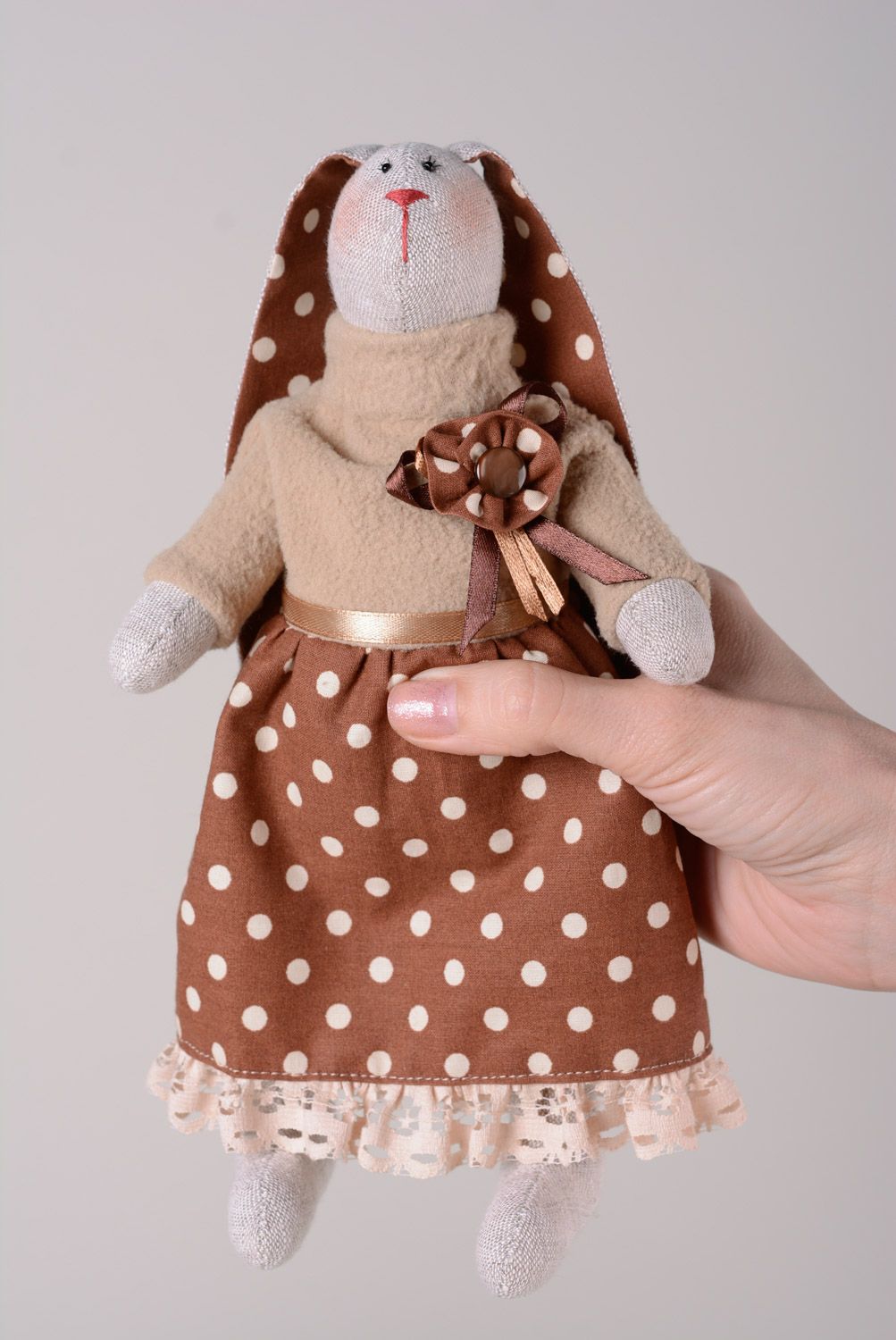 Handmade designer soft toy rabbit sewn of natural fabrics in polka dot dress photo 4