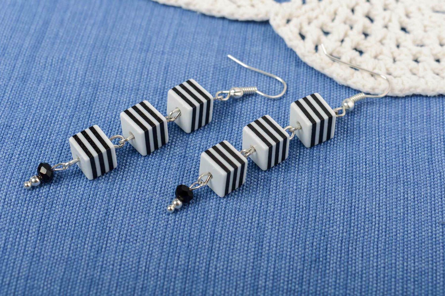 Handmade long dangle striped white and black polymer clay earrings photo 1