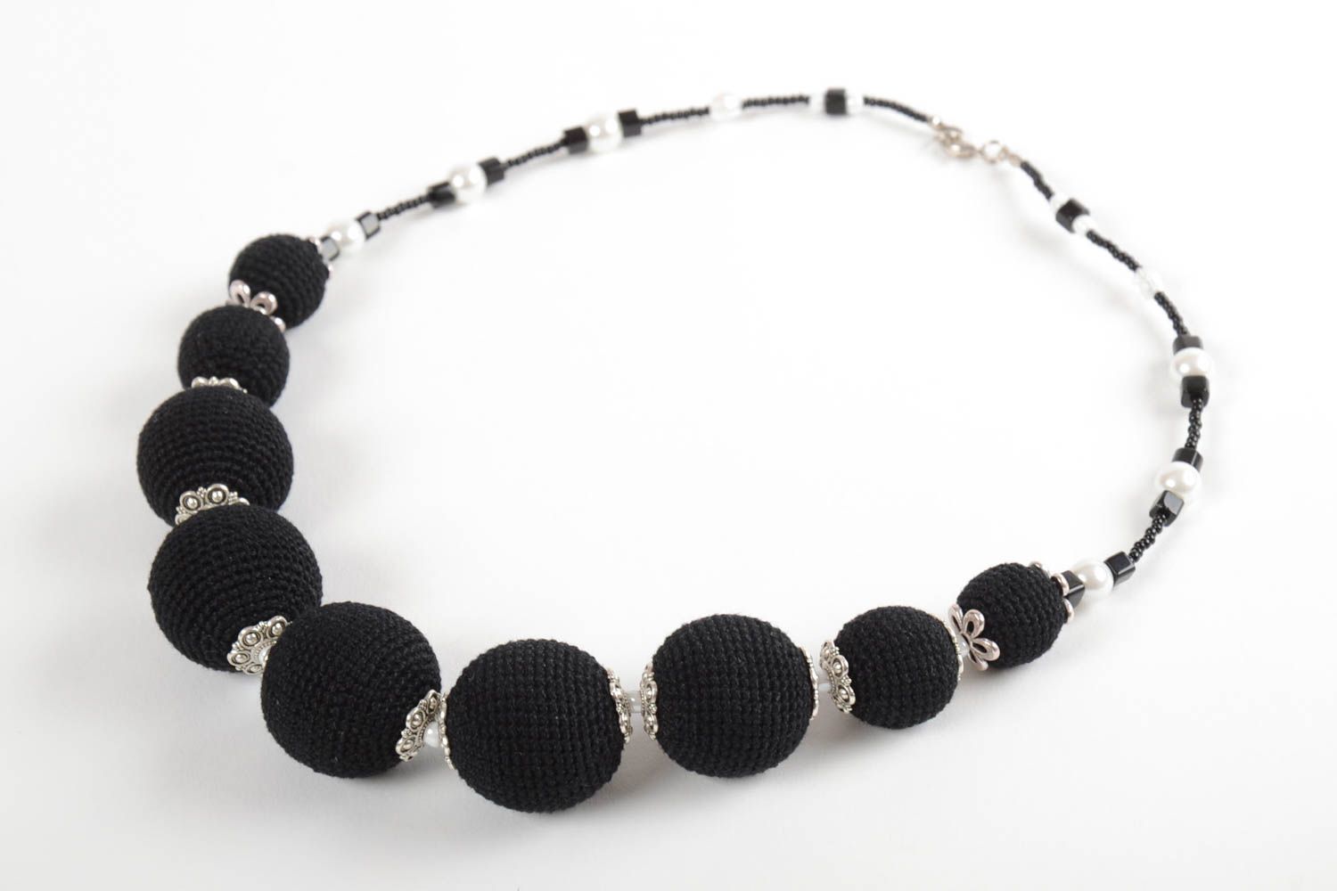 Handmade unusual beaded necklace black and white accessory stylish jewelry photo 4