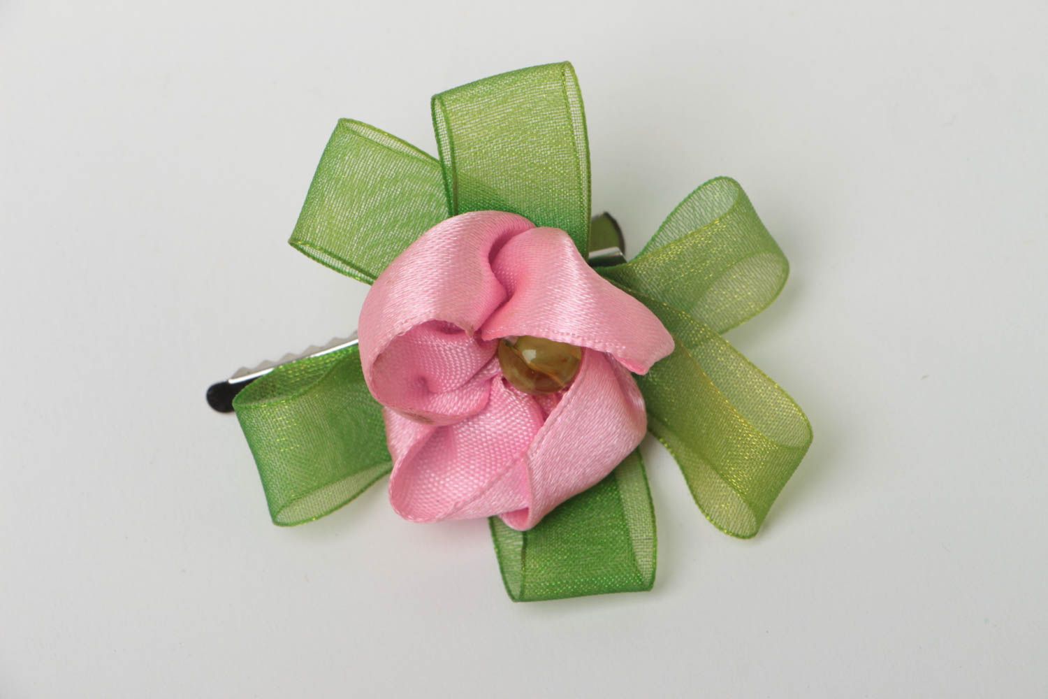Hairpin made of satin ribbons pink flower handmade designer hair accessory photo 2