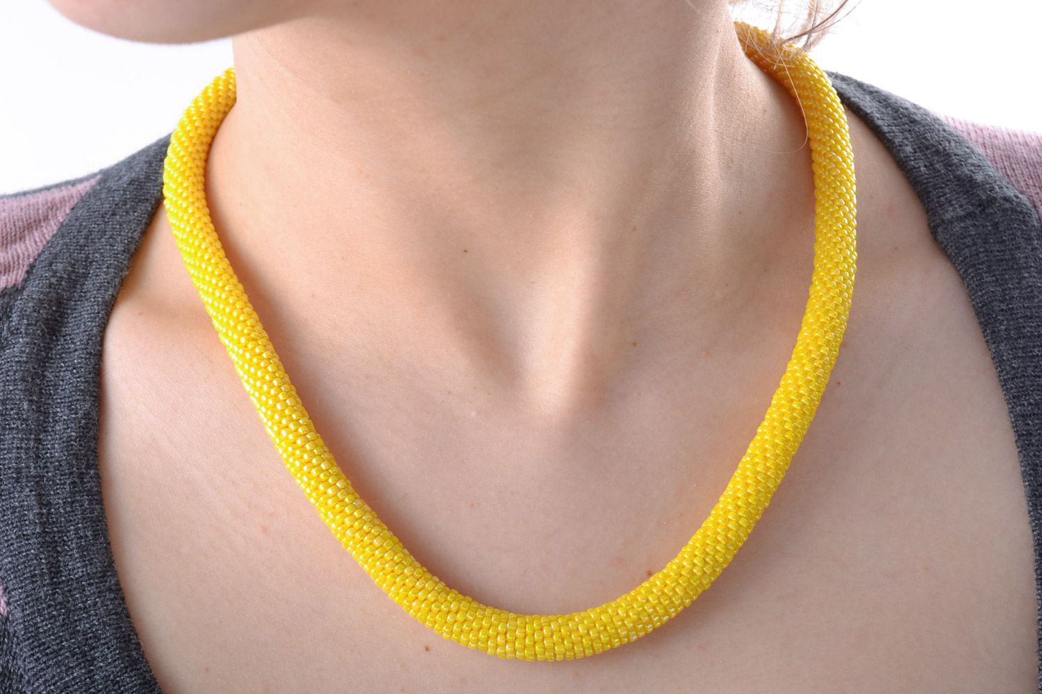 Bright yellow handmade women's cord necklace woven of Japanese beads  photo 1