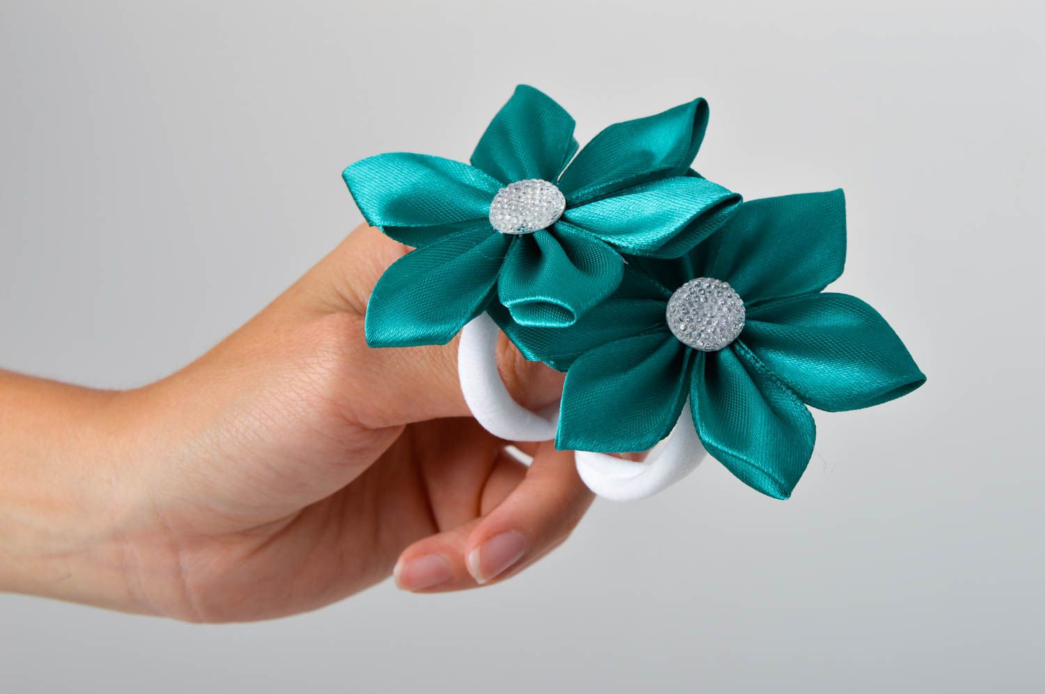 Schmuck handgemacht Blumen Haargummis Mädchen Haarschmuck 2 Stück Aquamarinblau foto 2