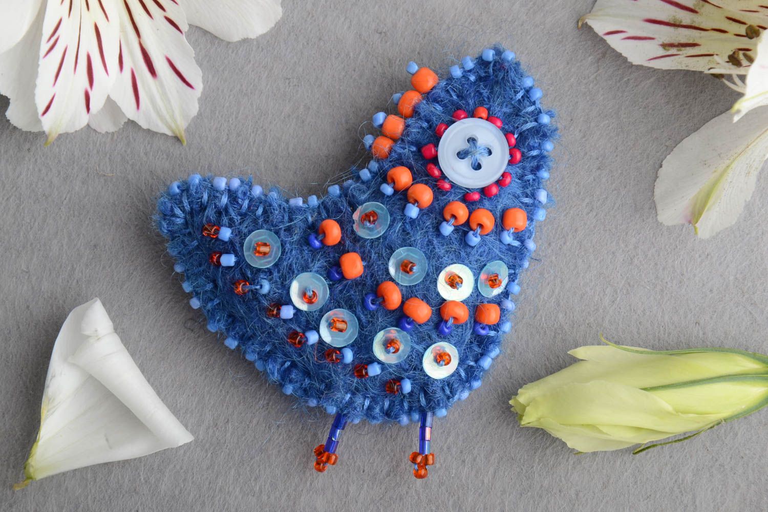 Beautiful blue handmade soft unusual brooch made of wool in the form of Bird photo 1