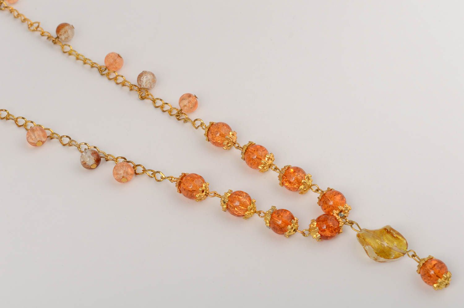 Handmade designer necklace with Venetian glass on metal chain in amber color photo 5