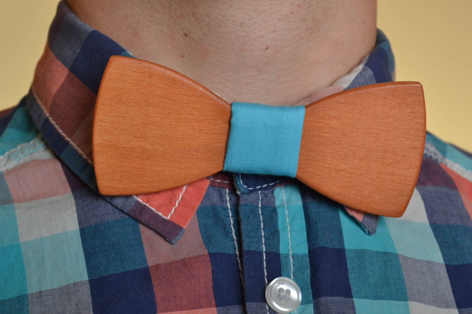 Handmade designer wooden bow tie with light blue fabric strap photo 1