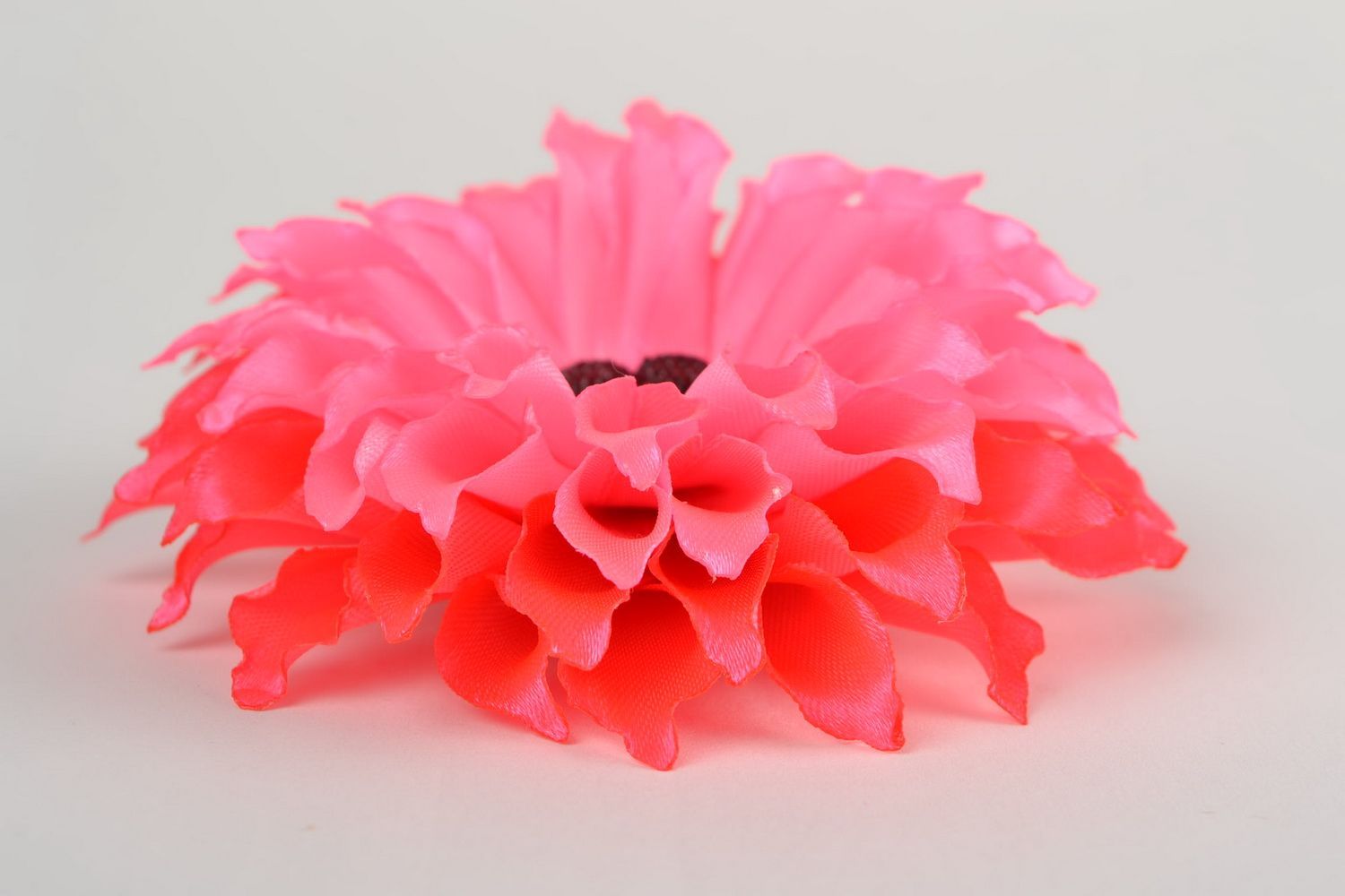 Handmade decorative hair tie with large volume bright pink satin ribbon flower photo 4