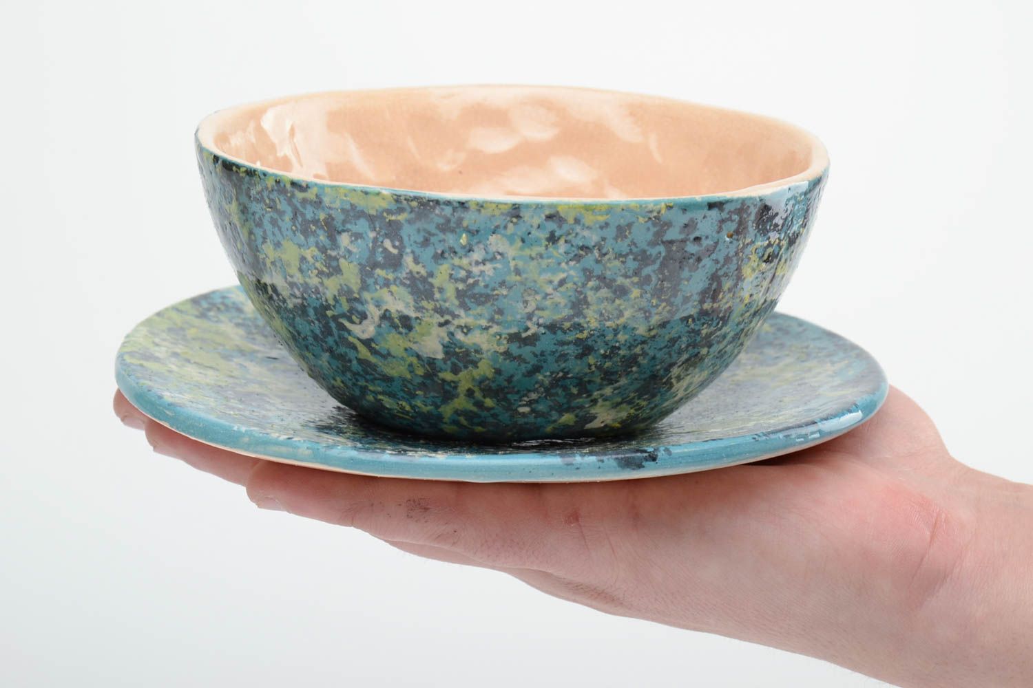 Handmade decorative painted glazed ceramic bowl 500 ml and saucer set of 2 items photo 5