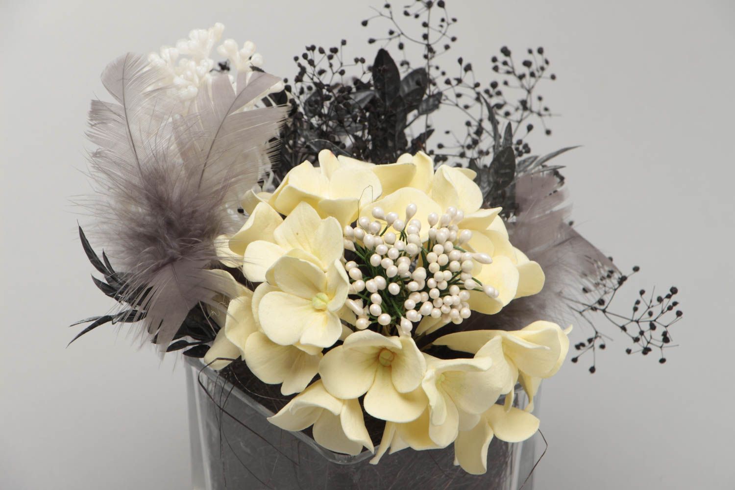 Beautiful handmade desktop polymer clay flower composition for home decor photo 2