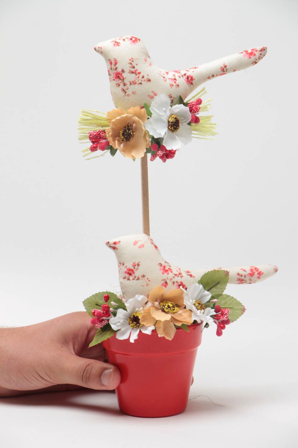 Schöner origineller Deko Baum Topiary handmade mit Vögeln aus Baumwolle  foto 5