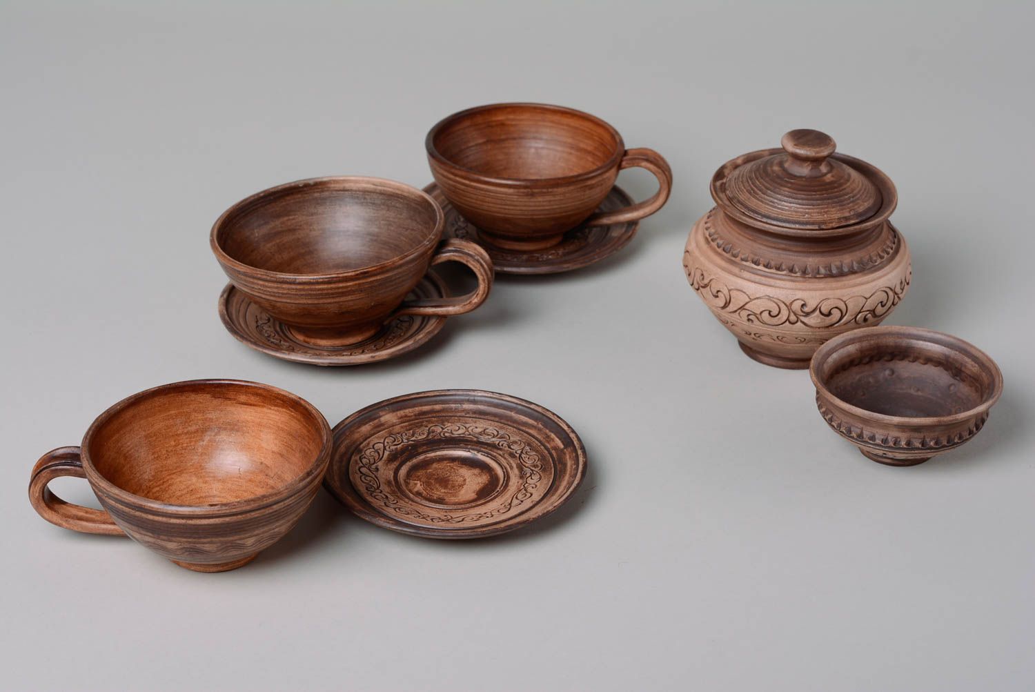 Set de tazas cerámicas con platillos artesanales, bol y azucarero cerámica lechera foto 3