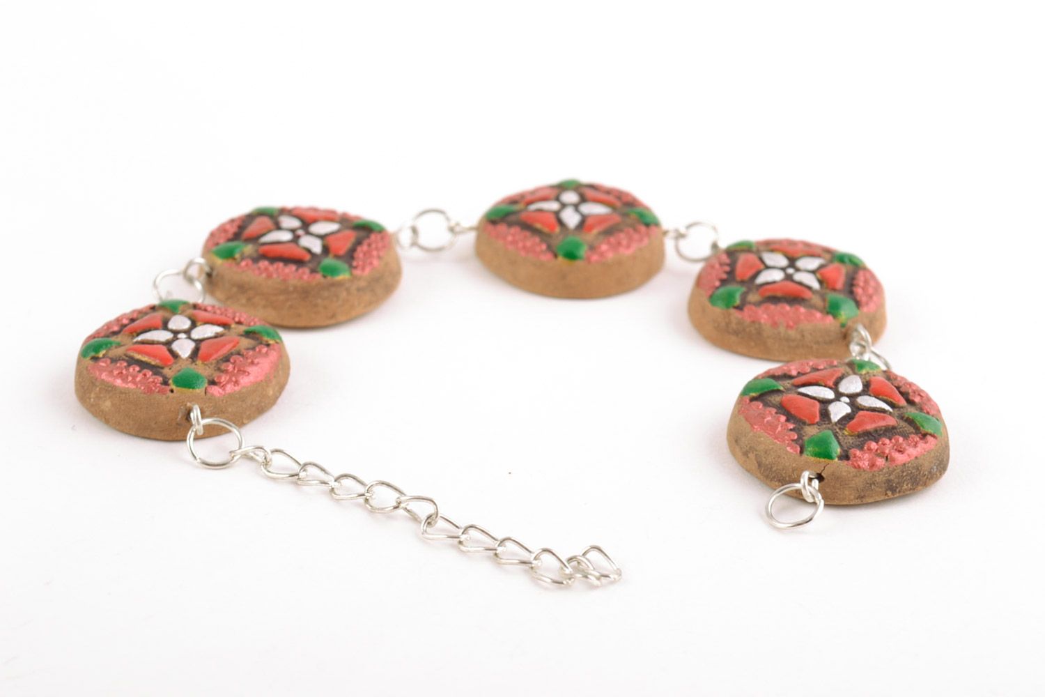 Handmade wrist bracelet on chain with ceramic elements with bright ornaments photo 4