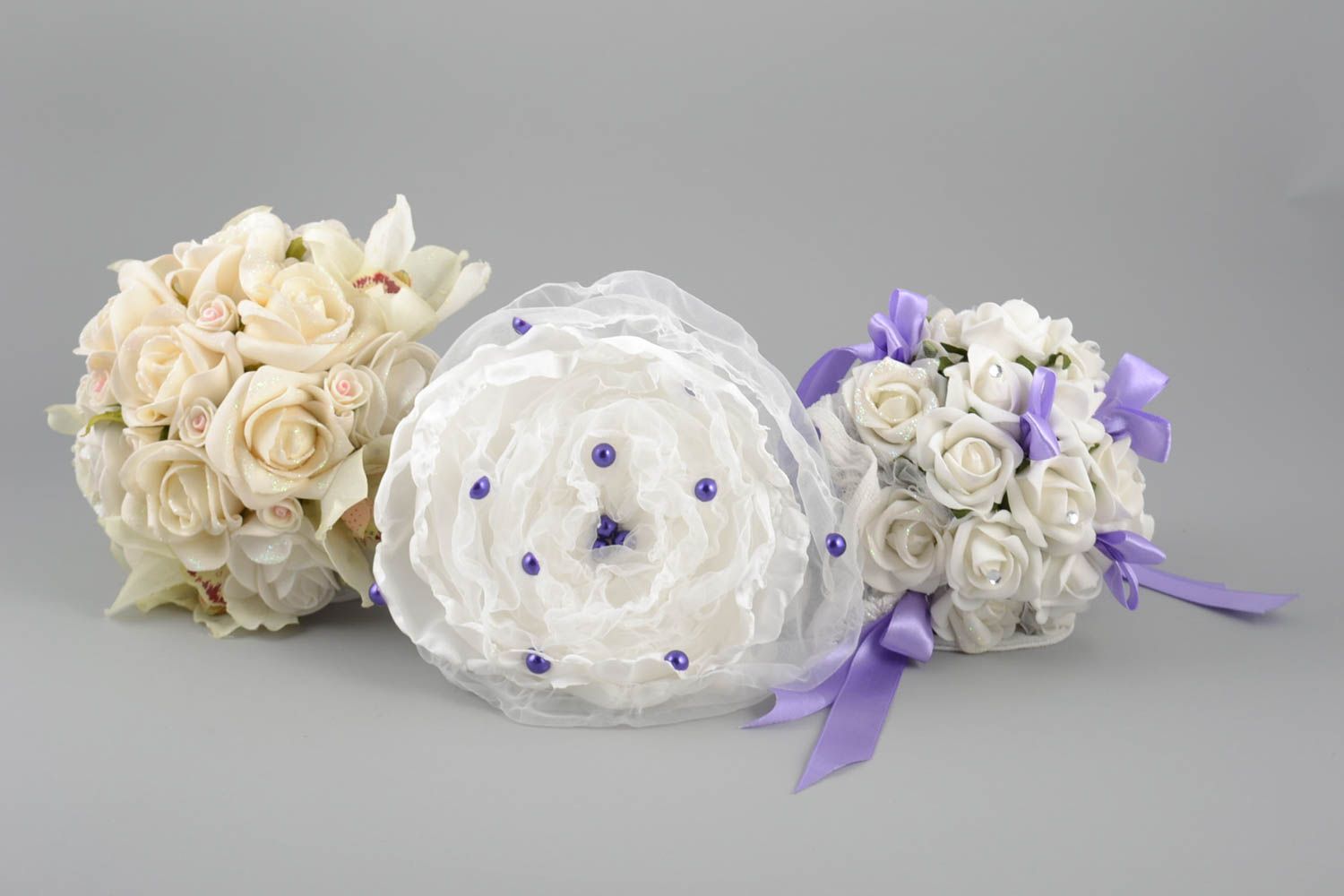 Set of 3 handmade decorative wedding bouquets with foamiran flowers and ribbons photo 2